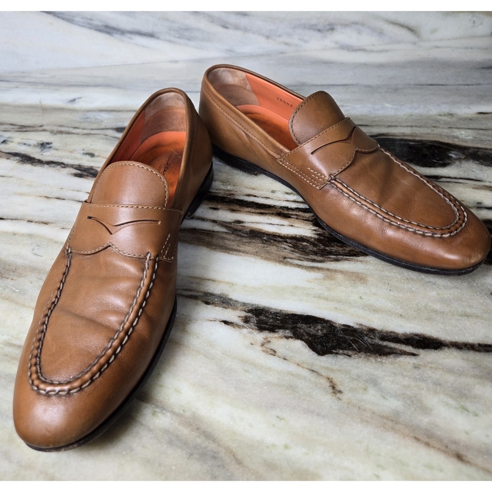 Santoni Door Soft Light Brown Leather Penny Loafer  Sz 11 Made In‎  Italy